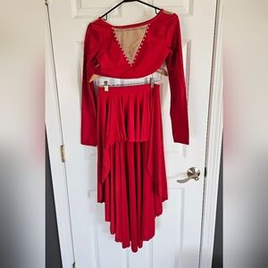 Red Long Sleeve Dance Dress with V-Neck Mesh and Rhinestone Detail